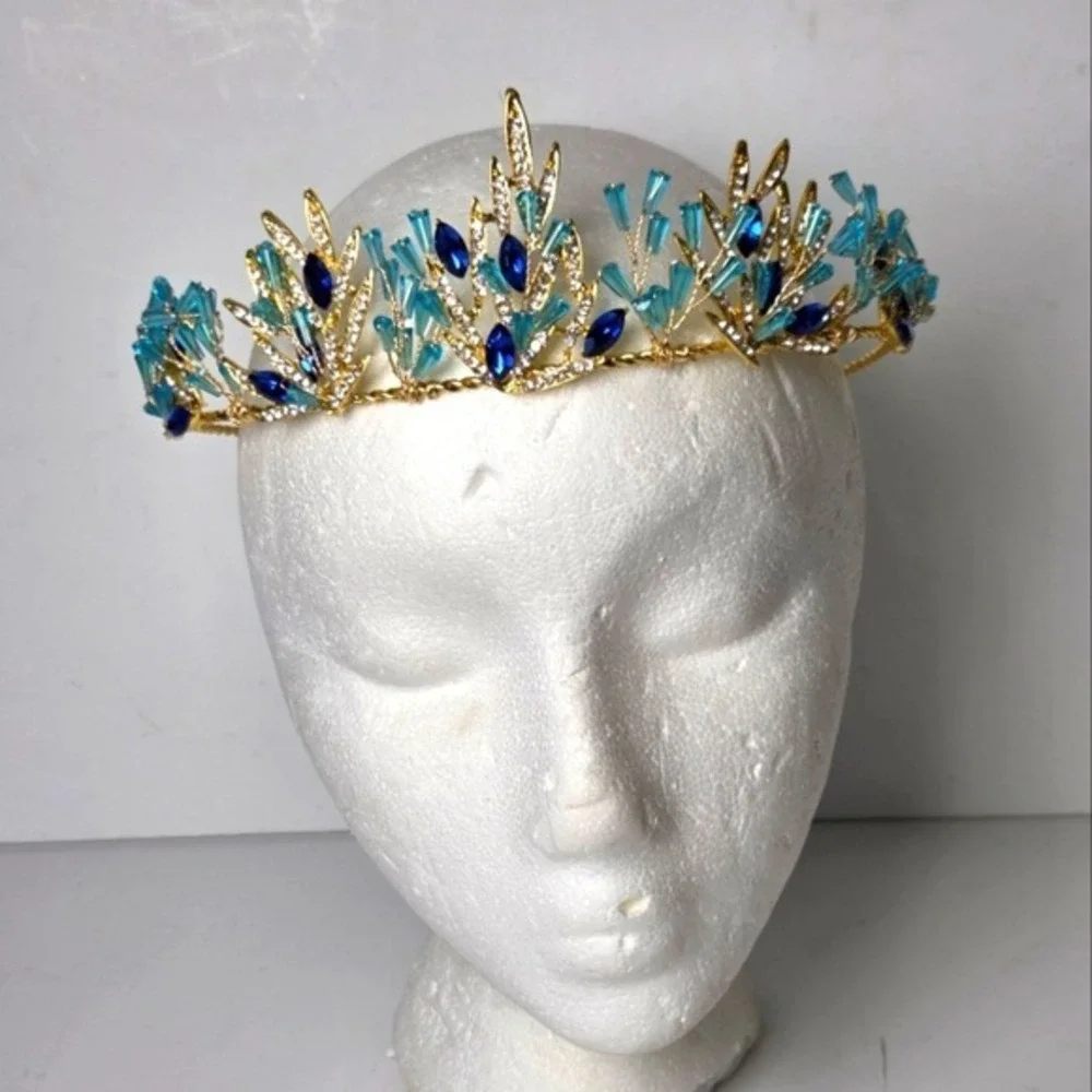 Aqua Blue Rhinestone Wedding Crown Bridal Gold Leaf Tiara Crown Headpiece Bridal